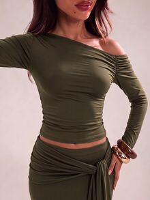 SHEIN BAE 秋冬款純色棕色不對稱肩女款上衣配長裙針織兩件套，優雅兩件套 - 軍綠色 - 查看 4