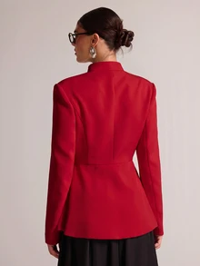 SHEIN BAE 女款紅色立領盤扣長袖開衩時尚西裝外套 - 紅色 - 查看 2