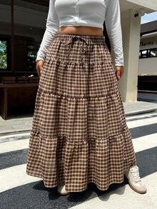 Muchica 大尺碼女款棕色格紋百褶裙，適合休閒日常穿著、度假穿搭、Y2K風格、返校造型及演唱會穿著，秋季款 - 棕色 - 查看 3