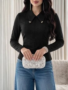 Feyla Women's Solid Color Casual Daily Long Sleeve T-Shirt - Black - View 5