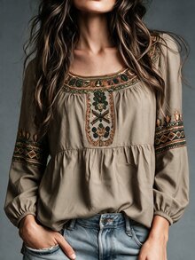 Breezaya 女款圓領長袖百褶刺繡上衣 - 卡其色 - 查看 1