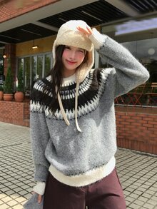 DAZY Women's Round Neck Contrast Color Autumn/Winter Korean Style Long Sleeve Sweater - Grey - View 10