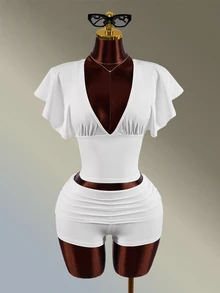 Amplova Women's White V-Neck Ruffle Backless Super Short Tight Shorts Set - White - View 10