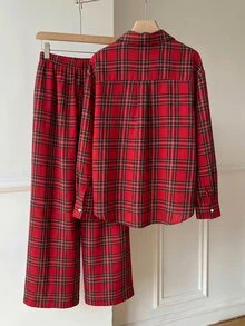 SHEIN EZwear 大尺碼女款格紋長袖單排扣襯衫與長褲休閒兩件套 秋季聖誕 - 彩色 - 查看 2