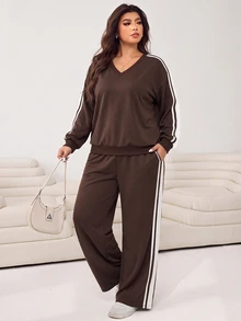 SHEIN EZwear 大尺碼女款條紋V領長袖運動衫與長褲休閒兩件套 - 棕色 - 查看 4
