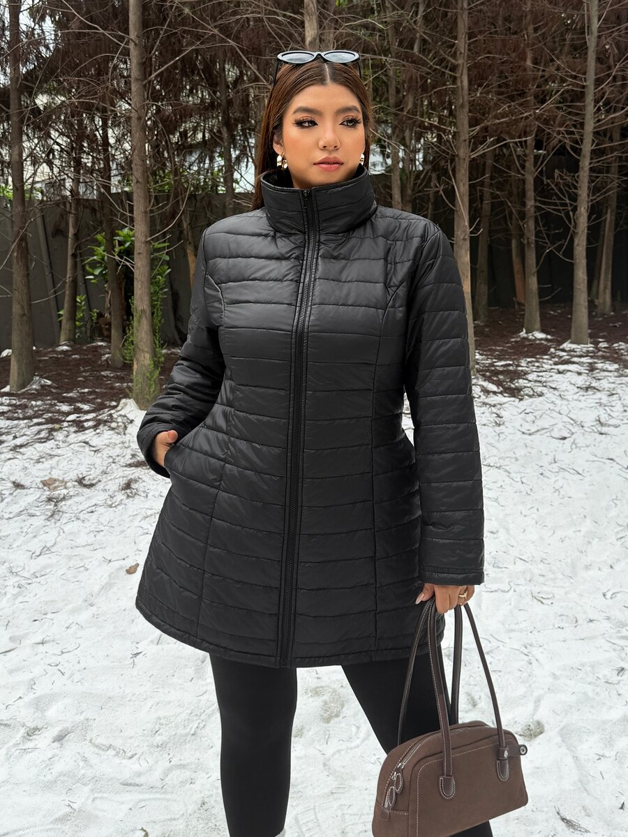 Muchica Plus Size Women's Solid Color Stand Collar Long Sleeve Zipper Front Winter Thick Coat - Black - View 1