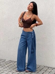 SHEIN Tall 女款側腰綁帶水洗休閒牛仔寬腿褲 - 中等水洗藍 - 查看 5