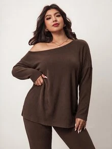 Enliva طقم ملابس مقاس كبير من ملابس علوية بأكمام طويلة وكتف واحد من قماش محبوك مضلع وبنطال واسع - بني - مشاهدة 4