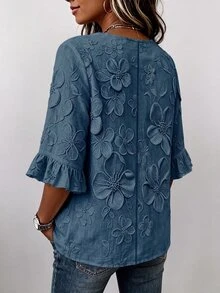SHEIN Women's Fashion 3D Printed Decorative Button Ruffle Cuff Blouse - Blue - View 2
