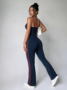 Dewbera Dewbera Women's High Elasticity Colorblock 2 Pieces Sports Set, 2 In 1 Yoga Workout Running - Navy Blue - View 7