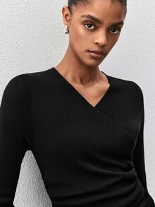 ATUI Studio Women's New Wrap V-Neck Slim Fit Ribbed Knit Long Sleeve Ruched Waist Cropped Wool Sweater, All Seasons - Black - View 7