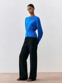 ATUI Studio Minimalist Versatile Round Neck Dropped Shoulder Long Sleeve Waist Horizontal Ribbed Cinched Loose Fit Casual Women's Sweater - Blue - View 8