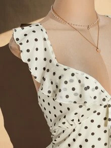 SHEIN ICON 女款大尺碼甜心領黑白波點荷葉邊下擺洋裝 - 淡黃色 - 查看 8