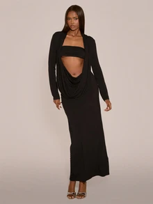 MUSERA Deep Scoop Cowl Front Bandeau Bra Maxi Length Dress Sexy Evening Night Going Out Halloween Fall Winter Autumn Solitude - Black - View 2