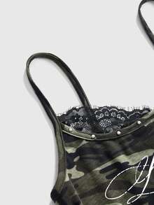 ROMWE Women's Vintage Hot Girl Y2K 2 In 1 Lace Patchwork Camisole - Green - View 3