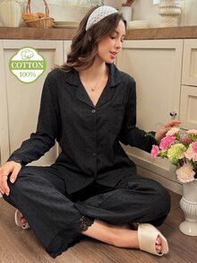 Snug Reverie Women's 100% Pure Cotton Black Open Front Pajama Set, Minimalist Fresh Lace Trim Loungewear Set - Black - View 1