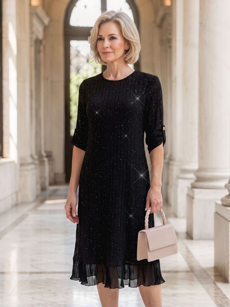 EMERY ROSE Middle-Aged Women Round Neck Solid Color Sequin Mid-Sleeve Elegant Dress - Black - View 4