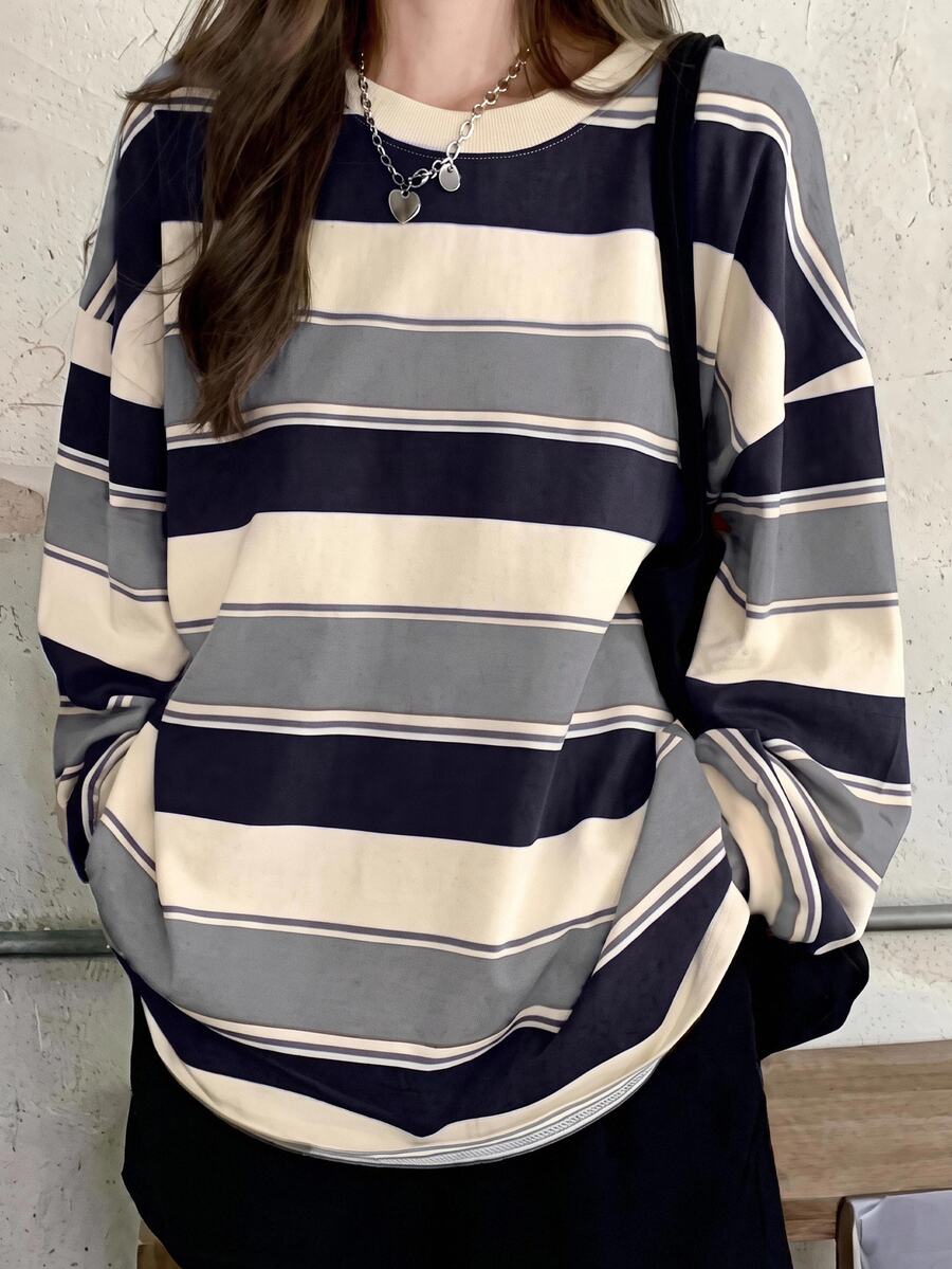 SHEIN EZwear Women's Colorblock Casual Daily Long Sleeve T-Shirt, Suitable For Summer - Multicolor - View 1