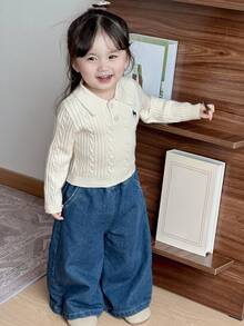 Dazy Kids Young Girl) Cute Turn-Down Collar POLO Neck Fitted Long Sleeve Autumn Sweater - Beige - View 7