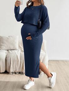 SHEIN Maternity Solid Color Round Neck Short Sleeve Top And Skirt 2 Pieces Set - Navy Blue - View 5