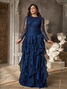 Aureia Plus Size Women's Long Sleeve Round Neck Elegant Romantic Navy Blue Lace Patchwork Organza Ruffle Hem Dress - Navy Blue - View 6