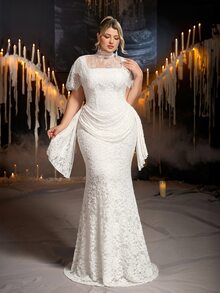 Aureia Plus Size Elegant Romantic Palace Style Beige Elastic Lace 2 Pieces Set Square Neck Slimming Ruched Design Mermaid Long Dress With Detachable Eyelash Lace Shawl, Suitable For Vacation, Ball, Evening Party, Wedding Event, Bridal Gown - White - View 3