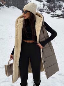 SHEIN Clasi Plaid Print Padded Hooded Vest Jacket, Autumn/Winter Vest Coat - Mocha Brown - View 6