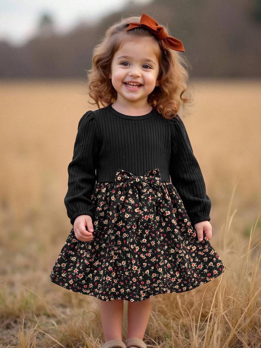 SHEIN Gaun Lengan Panjang Motif Bunga Hitam untuk Bayi Perempuan & Balita - Hitam - View 1