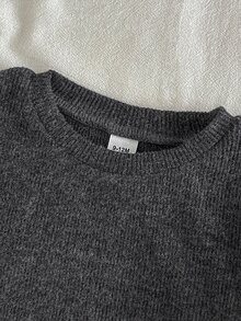 SHEIN Vintaside Kids 2件組女嬰上衣+長褲套裝，甜美深灰色毛絨羅紋針織，中縫設計，彈性長袖圓領，休閒款，適合生日派對、秋季假期、聖誕節 - 黑色 - 查看 3