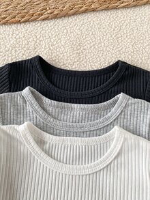 SHEIN 3件組嬰幼兒簡約基礎羅紋紋理多色基本色調圓領長袖T恤上衣，適合日常穿著，春秋款 - 彩色 - 查看 5