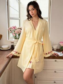 Snug Reverie Floral Embroidery Ruffle Hem Cami Sleep Dress & Belted Robe PJ Set - Yellow - View 5
