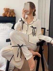 Napfluff Comfortable Ribbed Fabric Tie Bow Design Casual Outfit Set Classic Lapel Long Sleeve Long Pants Set - Apricot - View 1