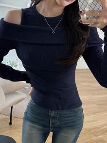 DAZY Women's Solid Color 2 In 1 Cold Shoulder Slim Fit Fashion T-Shirt Black Spring/Autumn - Navy Blue - View 4