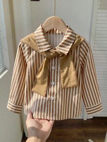 Baby Boy Gentleman Striped Pony Print Collared Preppy Shirt And Shawl 2 Pieces Set, Suitable For Winter - Khaki - View 1