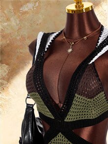 Amplova Striped Hat V-Neck Cutout Women's Mini Crochet Dress - Multicolor - View 6