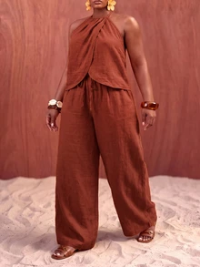 Zivah 女款大尺碼優雅浪漫經典無袖綁領微鬆上衣與寬腿褲套裝，2件套穿搭 - 紅木色 - 查看 2