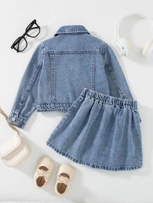 SHEIN 女童美式復古街頭 Y2K 純色水洗牛仔外套與裙子套裝，秋季甜酷 2 件套穿搭 - 中等水洗藍 - 查看 2