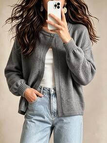 SHEIN Women's Autumn/Winter Casual Minimalist Dropped Shoulder Flare Sleeve Cardigan - Grey - View 7