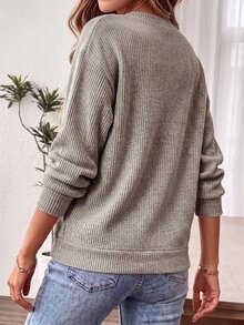 EMERY ROSE Women's Plus Size Solid Color Button Long Sleeve Sweatshirt, Casual Outdoor Sweatshirt For Autumn/Winter Fall - Khaki - View 2