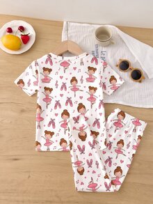 Tween Girl 1pc Cartoon Graphic Tee & 1pc Pants Sleep Pajamas Set - Multicolor - View 5