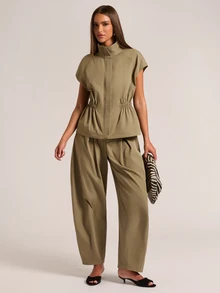 SHEIN BAE Jaket Trench Coat Wanita Warna Polos Serbaguna Kasual dengan Resleting Depan Terbuka dan Pinggang Elastis Tanpa Lengan - Hijau Tentara - View 3