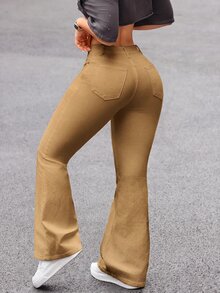SHEIN PETITE 女款休閒百搭喇叭褲牛仔褲，附口袋 - 駝色 - 查看 2