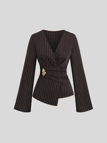Sweetra Early Autumn New Vertical Stripe Waist-Cinching Top & Wide Leg Pants 2 Pieces Set, Elegant Slimming Commuter Suit Set For Women - Brown - View 6