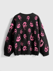 ROMWE Dark Gothic Halloween Ghost Face Jacquard Distressed Design Crew Neck Pullover Loose Fit Sweater - Hot Pink - View 2