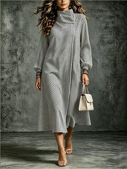 SHEIN Black & White Striped Asymmetrical Patchwork Stand Collar Dress For Women, Lantern Long Sleeve Draped Mid-Length A-Line Skirt, Asymmetrical Diagonal Cut Design Loose Fit Dress, Commute Casual Elegant Versatile Slimming Vacation Style Stand Collar Long Dress