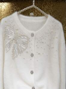 INAWLY Women's Faux Mink Fur Knit Cardigan With Heavy Rhinestone Bow, Faux Pearl And Beaded Embellishments - White - View 3