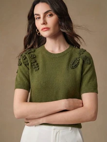 Anewsta Elegant Romantic Design Round Neck Raglan Sleeve 3D Embroidered Decor Women's Knit Top - Green - View 4
