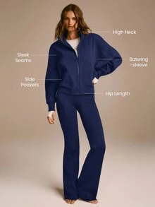 GLOWMODE Everyday Fleece Warmth Whisperer 柔軟保暖輕量夾克，前後接縫設計、口袋、蝙蝠袖、高領、全開襟拉鍊，休閒款 - Dark Blue - 查看 2