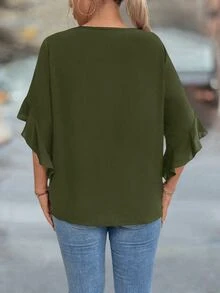 Velvienne Plus Size Hollow Neck Ruffle Sleeve Solid Color Blouse - Army Green - View 2