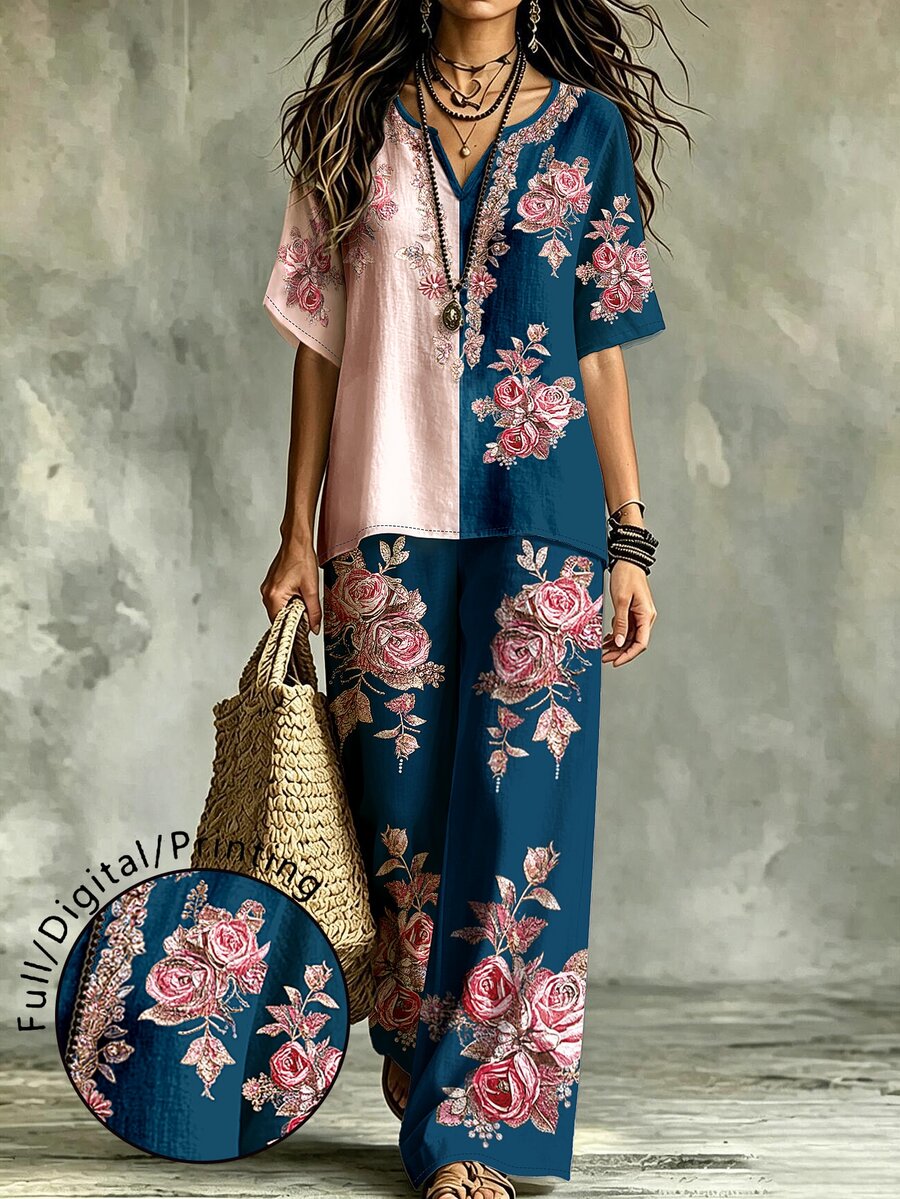 SHEIN LUNE CURVE Women's Plus Size New Vacation Casual Style, Colorblock Floral Set + Batwing Sleeve Geometric Print Top + Solid Color Wide Leg Pants, 2 Pieces Comfortable Casual Outfit, Set Series - Multicolor - View 1